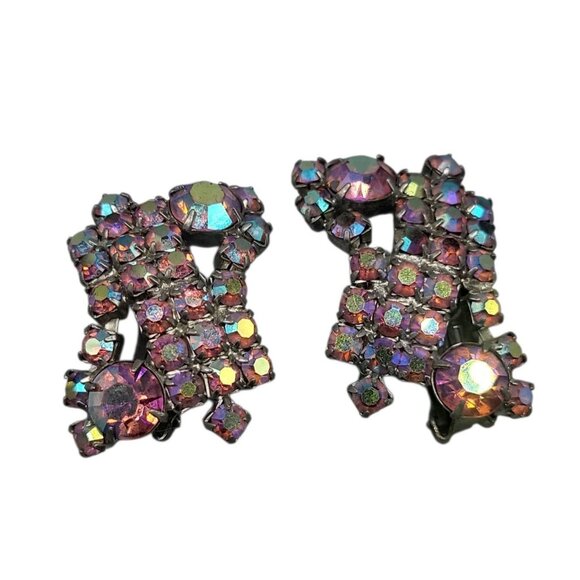 Alice Caviness Multi-Colored Aurora Borealis Clip On Earrings VTG Unsigned - Picture 4 of 13
